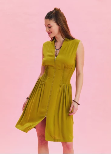 Olive Summer Dress with Stand Collar and Zipper Detail 4441